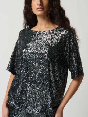 NWT! Joseph Ribkoff Black Gunmetal Sequin Dolman Elbow Sleeve Boxy Top Size 8